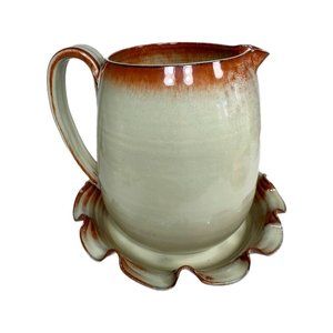 VTG Glazed Studio Pottery Pitcher w/ Ruffled Plate, Earth Tones SEE DESCRIPTION